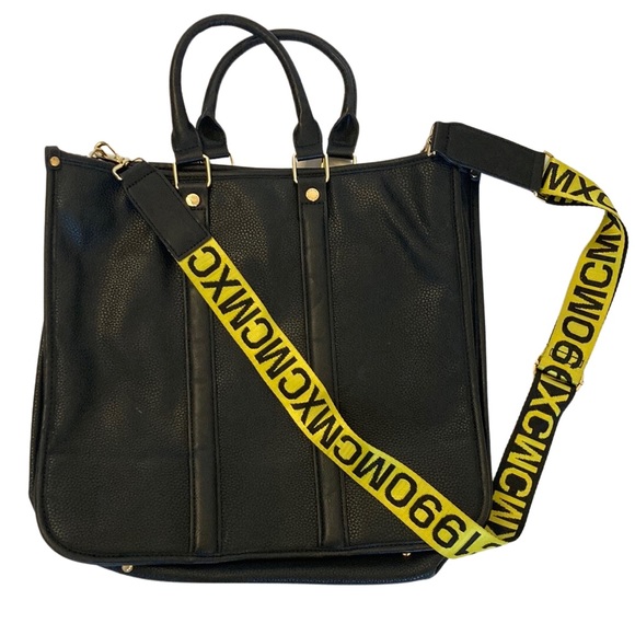 Steve Madden Handbags - Steve Madden Black Leather Tote Bag with Yellow Text Strap